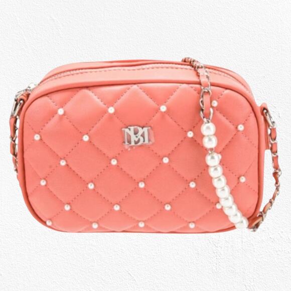 Badgley Mischka Coral Pink Quilted Diamond Pearl Crossbody Camera Bag Purse - Picture 11 of 11